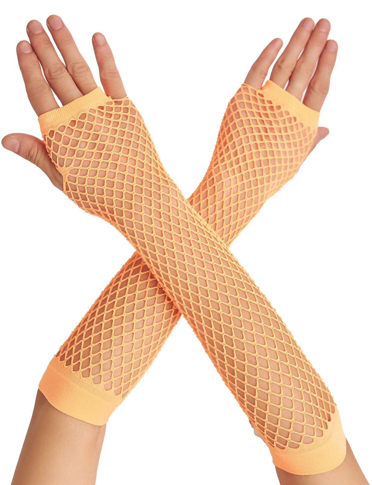 Long Elbow Length Fishnet Gloves Fingerless 70s 80s Womens Costume Party Dance in Orange